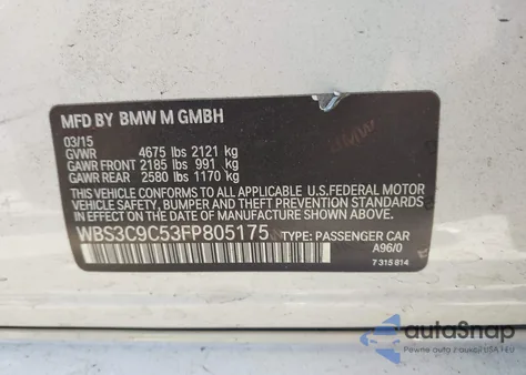 2015 BMW M3 z USA, uszkodzony, nr VIN WBS3C9C53FP805175